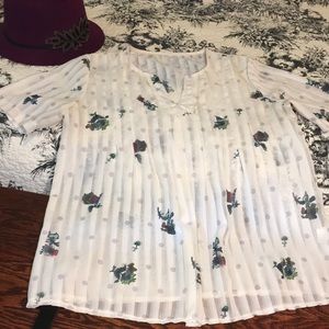 Sheer striped and floral print blouse